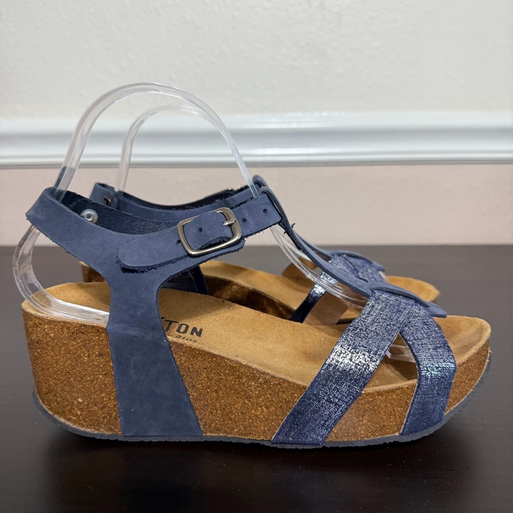 Plakton Bios Platform Wedge‎ Sandals Women's 8 Blue Leather Cork Buckle Open Toe